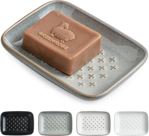 Miniatura 15 de Gomakren Jabonera para ducha, soporte de cerámica para jabón con diseño de panal, bandeja ahorradora de jabón para fregadero de cocina y baño, Beige