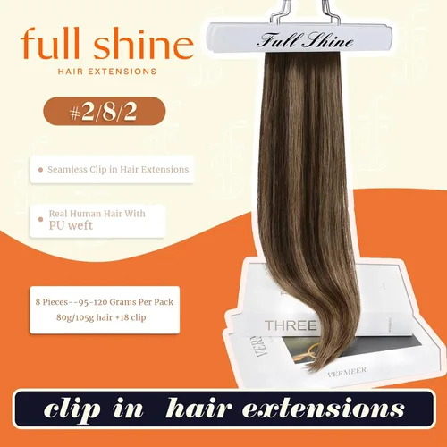 Miniatura 2 de Full Shine - Extensiones de cabello con clip balayage, color marrón oscuro a marrón claro con mechas rubio caramelo, cabello humano Remy con trama
