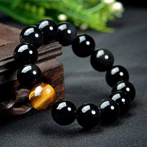 Miniatura 3 de SX Commerce Pulsera de obsidiana natural negra de piedra natural de 0.394in o 0.472in con un ojo de tigre único, buen regalo para hombres y mujeres