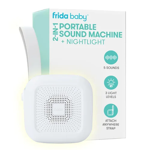 Frida Baby Máquina de sonido portátil 2 en 1 para bebé + luz nocturna | Máquina de sonido de ruido blanco para bebé con 5 sonidos relajantes y 3