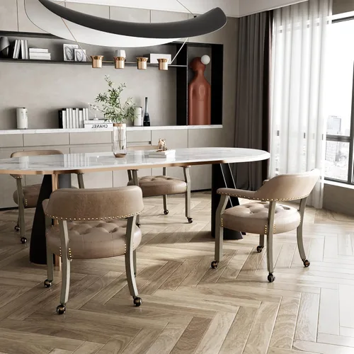 Miniatura 46 de Juego de 8 sillas de cuero de comedor con ruedas y brazos, silla de capitán Accent con ruedas, sillas de madera con ruedas enrollables para cocina
