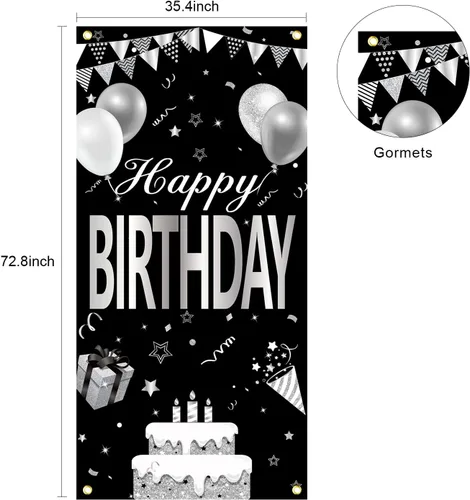 Miniatura 2 de Cartel de feliz cumpleaños negro y blanco plateado para hombres y mujeres, cubierta de puerta de feliz cumpleaños, suministros de fiesta, póster