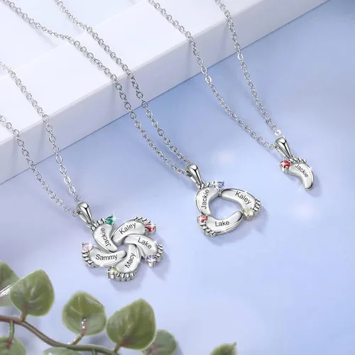 Miniatura 6 de Collar personalizado con nombre de pies de bebé para madre y mamá con 1 a 6 nombres, piedras natales, collar con colgante de pies de bebé