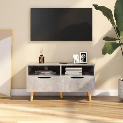 Modern Concrete Grey TV Stand with 2 Shelves and Drawer, 35.4 x 15.7 Inch Media Console for Living Room, Durable Engineered Wood Entertainment Center