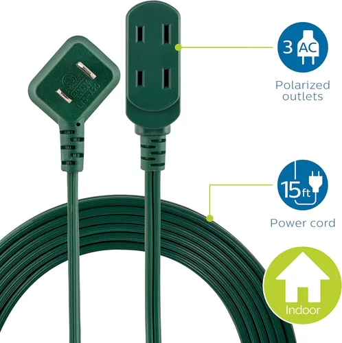 Cable de extensión Philips, 15 pies, enchufe plano de 3 tomas, múltiples tomas de seguridad con deslizamiento, para interiores, 2 puntas, verde,