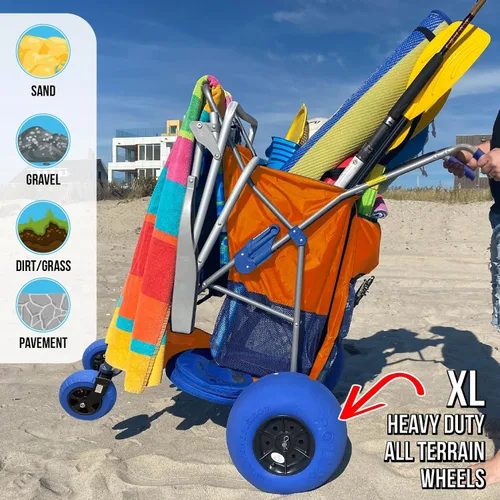 Miniatura 2 de RollX Carro de almacenamiento plegable con 4 ruedas de globo para arena, neumáticos de playa traseros de 13 pulgadas y delanteros de 7 pulgadas