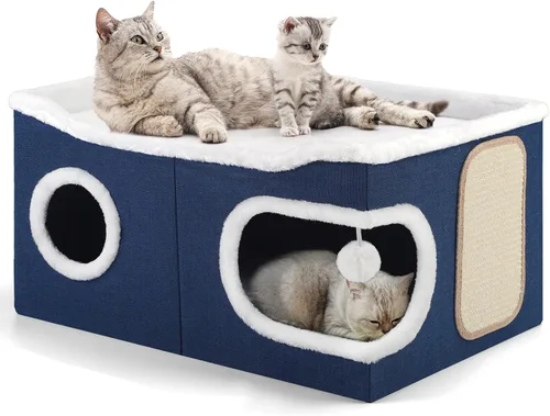 Miniatura 10 de Casa de Gato de 2 Pisos para Gatos de Interior, Separable en 2 Grandes Camas de Gato Cueva con Condominios Escondidos, Almohadillas para Rascar