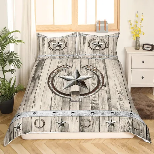 Miniatura 13 de Funda de edredón de herradura con diseño de estrellas de Texas, estilo occidental, rústico, verde azulado, juego de ropa de cama individual