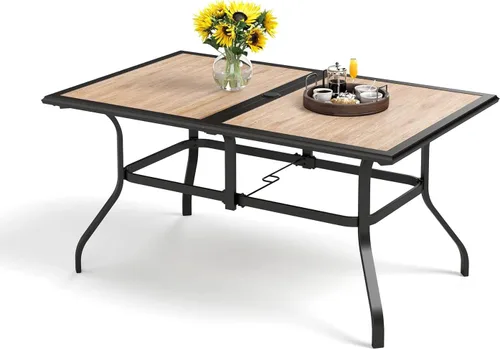 Miniatura 13 de PHI VILLA Mesa rectangular de comedor con listones de acero metálico para 6 personas con agujero ajustable para paraguas, resistente a la intemperie