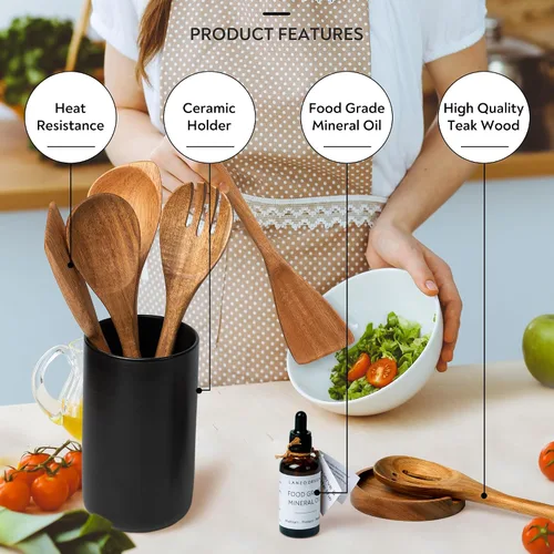Miniatura 4 de Juego de utensilios de cocina, 8 piezas de utensilios de cocina de madera con soporte de cerámica (soporte negro)