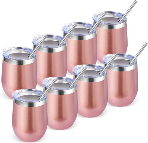 Miniatura 9 de Volhoply - Juego de 12 vasos de vino de 12 onzas con tapa, hechos de acero inoxidable con aislamiento al vacío de doble pared, vasos de vino sin Rosa
