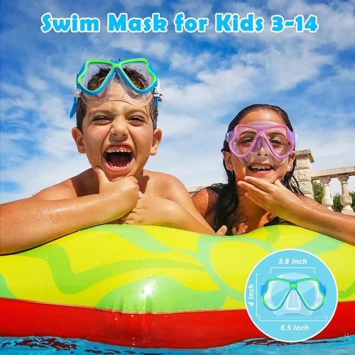 Miniatura 2 de Freela Paquete de 2 gafas de natación para niños y niñas de 3 a 14 años, lente de vidrio templado de 180° HD con cubierta de nariz para piscina