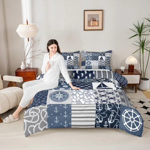Miniatura 23 de Juego de edredón Lake House tamaño Twin, juego de ropa de cama náutica de navegación con ancla de 2 piezas para decoración de habitación de niños