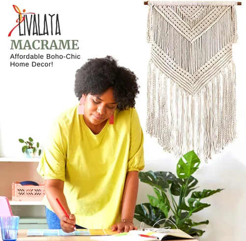 Miniatura 2 de Livalaya Tapiz bohemio tejido de macramé para colgar en la pared, color beige, 16 x 36 pulgadas, moderno tapiz bohemio para decoración de pared