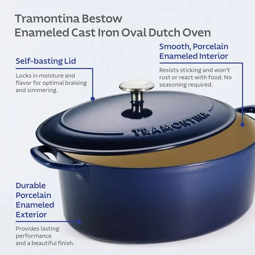 Miniatura 5 de Tramontina Bestow - Olla holandesa ovalada de hierro fundido esmaltado con tapa, grande de 7 cuartos de galón, azul
