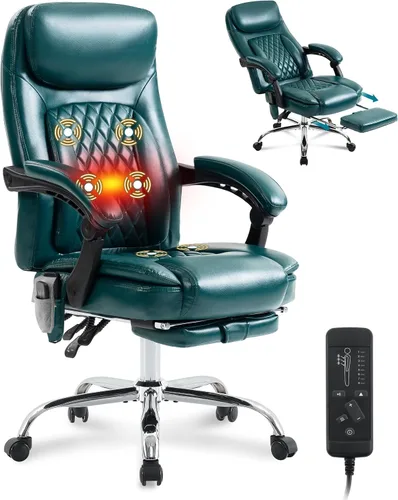 Miniatura 11 de Silla de oficina de masaje de 6 puntos con silla de oficina térmica y ergonómica con reposapiés y respaldo alto reclinable de 45°, silla de oficina