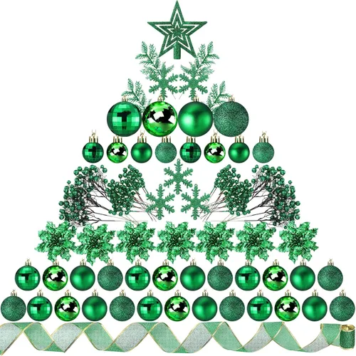 Miniatura 15 de Sratte 94 piezas de adornos para árbol de Navidad, adornos de bolas de Navidad con purpurina, flores de nochebuena, decoraciones con bayas Azul