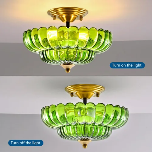 Miniatura 6 de Lámpara de Techo Moderna Semiempotrada, Luminaria de Techo de 3 Luces Negra Cerca del Techo con Pantalla de Vidrio Verde para Sala de Estar