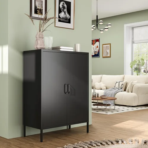 Miniatura 2 de Bevivog Armario de almacenamiento de metal, armario de almacenamiento de metal para oficina en casa, pequeño aparador con 2 puertas y 2 estantes