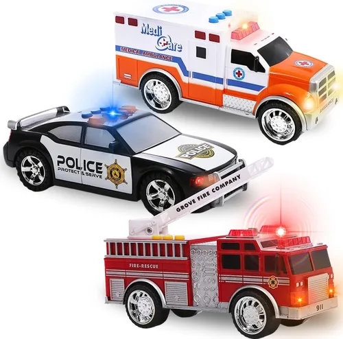 Juego de vehículos de emergencia de juguete para niños con luces y sonidos (camión de bomberos, automóvil de policía y ambulancia) 3 en 1