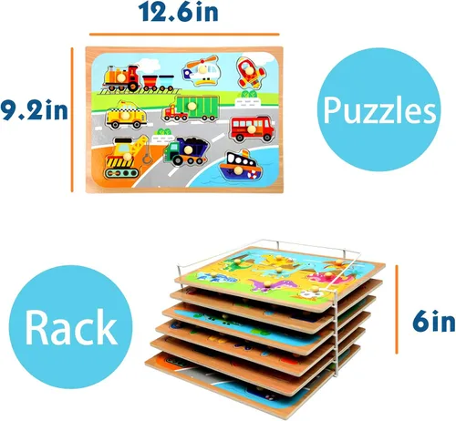 Miniatura 7 de WOOD CITY Juego de rompecabezas y estante para niños pequeños, paquete de rompecabezas de madera con soporte de almacenamiento, rompecabezas