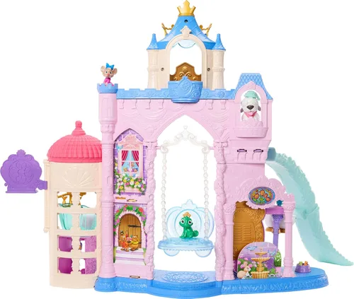 Mattel Set de juego de castillo de mascotas de princesas Disney con 7 áreas de juego, 3 amigos animales, muebles y 17 accesorios, palacio para