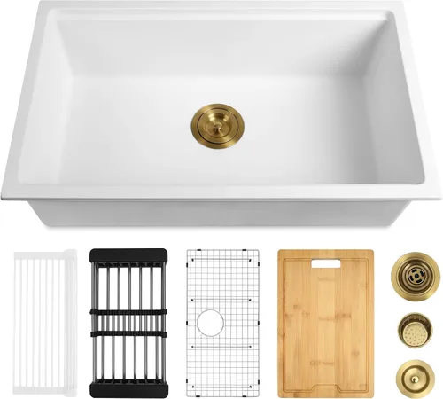 Miniatura 7 de Fregadero de cocina blanco de 25 pulgadas, fregadero de estación de trabajo compuesto de cuarzo de granito para montaje inferior, cuenco individual