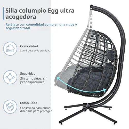 Miniatura 8 de SWITTE Silla doble de columpio en forma de huevo con soporte, hamacas de mimbre colgantes para patio al aire libre de 2 personas con cojín para Gris