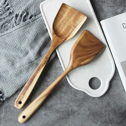 Miniatura 5 de FJNATINH Espátula grande de madera para wok, 13 pulgadas de teca natural de mango largo recubierto de resina natural, hecha a mano para utensilios
