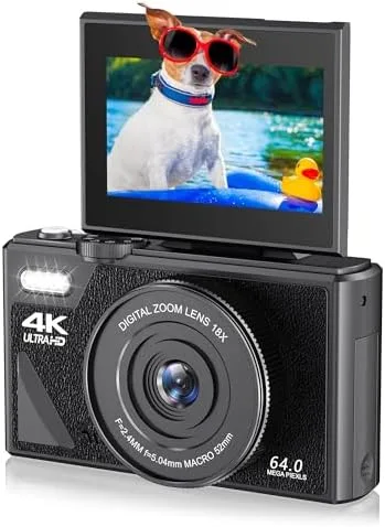 Cámara digital de 64 MP con vlogging 4K y zoom de 18X, pantalla abatible compacta para niños y niñas