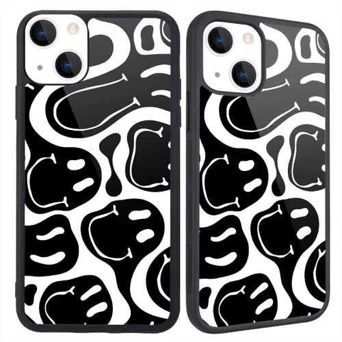 Funda compatible con iPhone 13 para niños y mujeres, diseño divertido de cara, parte trasera dura con negro, divertido y lindo patrón de arte
