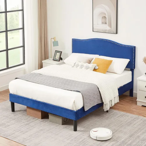 Miniatura 8 de VECELO Base de cama tamaño Queen, base de cama de plataforma con cabecera tapizada de altura ajustable, marcos resistentes y fuerte soporte