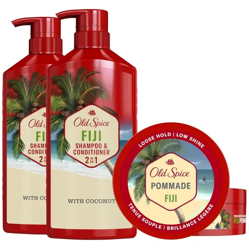 Old Spice Fiji - Champú y acondicionador 2 en 1 (21.9 onzas líquidas, paquete de 2) + pomada (2.22 onzas, paquete de 2) paquete, sujeción flexible,