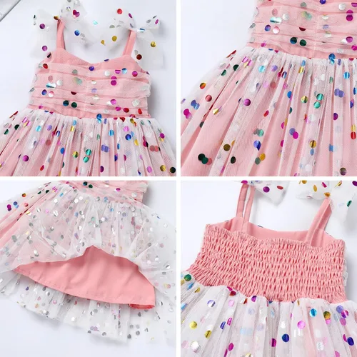 Miniatura 3 de Vestido tutú para niña, sin mangas, fruncido, vestido de verano con lentejuelas brillantes, lunares, estrellas, princesa, vestido de tul