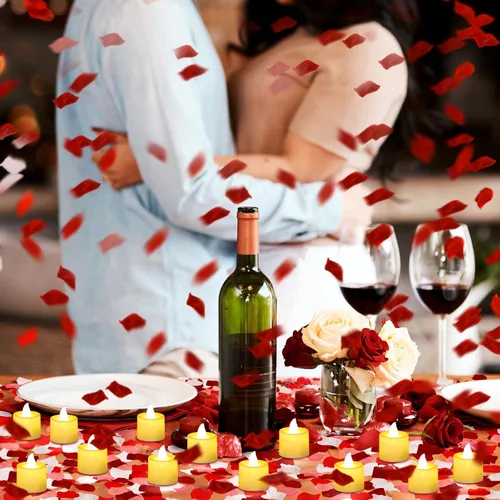 Miniatura 8 de Coume 6000 pétalos de rosa artificiales con 72 velas LED sin llama, decoraciones románticas, velas falsas, decoraciones de aniversario para el día