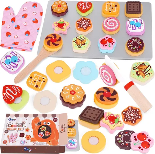 Miniatura 9 de Juego de alimentos de madera para hornear y cortar galletas para niños - Juego de cocina - Accesorios de juguete para galletas y bandeja