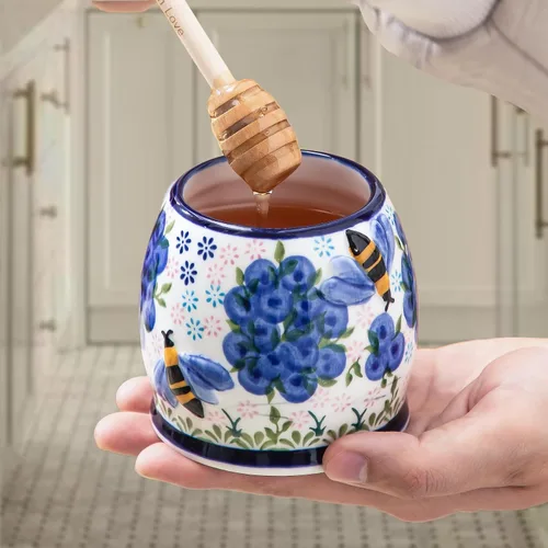 Miniatura 2 de ZOOBEE Tarro de miel de cerámica de 10 onzas con tapa y tapa pintada a mano con diseño natural, pequeño recipiente portátil para miel para cocina