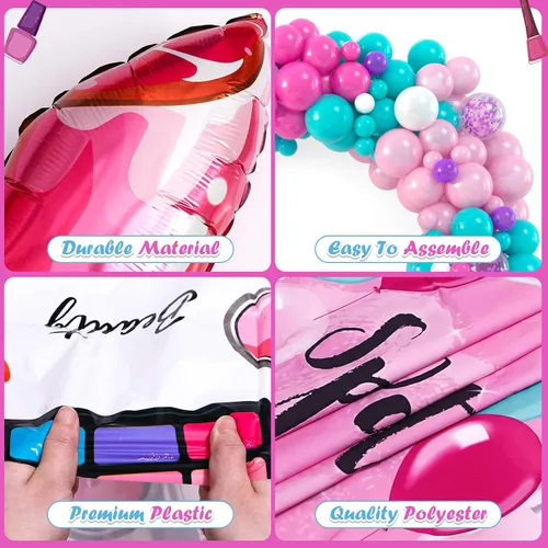 Miniatura 7 de 127 piezas de suministros de fiesta de spa para niñas, decoración de cumpleaños con guirnalda de globos, globos de papel de aluminio, telón