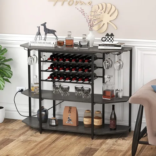 Miniatura 2 de COSTWAY Armario para bar de vinos, gabinete de licor de 3 niveles con tomas de corriente, estantes para botellas de vino, soportes de vidrio, Gris