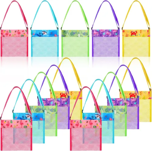 Frienda Paquete de 15 bolsas de malla para la playa, bolsas de concha, bolsa organizadora de juguetes para llevar a la playa, juguetes para niños,