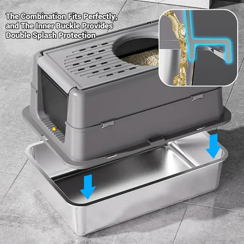 Miniatura 6 de Caja de arena para gatos de acero inoxidable con tapa, caja de arena de metal cubierta cerrada con tapa abatible de 180°, caja para gatos de alta