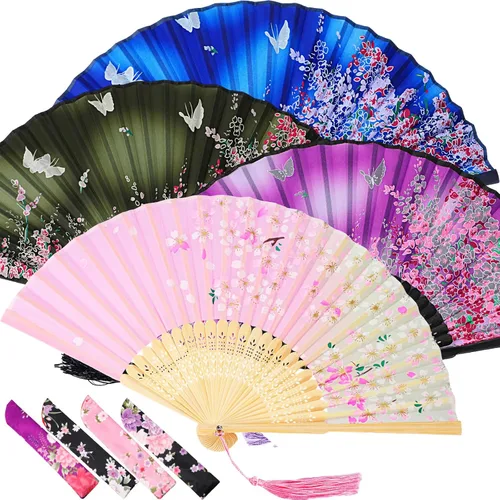 Zonon Paquete de 4 Abanicos Plegables Florales de Mano Abanicos de Seda y Bambú con Borla para Mujeres Abanico de Mano Plegable Calado con Funda de