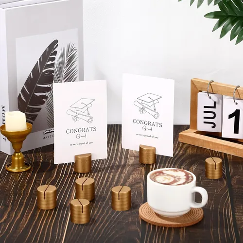 Miniatura 4 de Affrolling 12 soportes dorados para tarjetas de lugar, de madera, para números, mini soporte de mesa cilíndrica a granel para tarjetas