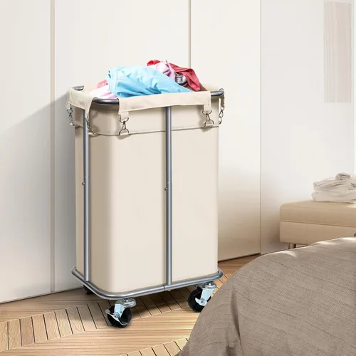 Miniatura 3 de Cesta de lavandería con ruedas, cesta de lavandería enrollable con bolsa extraíble, carrito clasificador de ropa de 100 L, organizador de ropa Crema