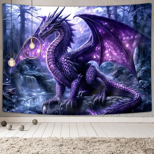Arte de dragón morado, fantasía mágica medieval con animales geniales para colgar en la pared para dormitorio, sala de estar, decoración de