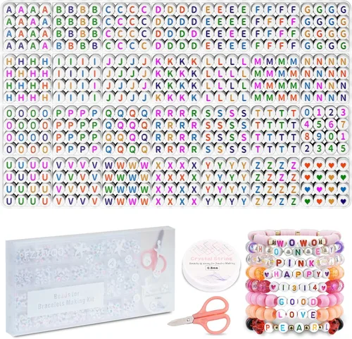 Miniatura 9 de FZIIVQU Kit de 1450 Piezas de Cuentas de Letras, 4x7 mm Cuentas de Alfabeto de Acrílico Blanco para Hacer Joyas, Cuentas de Corazón de Número