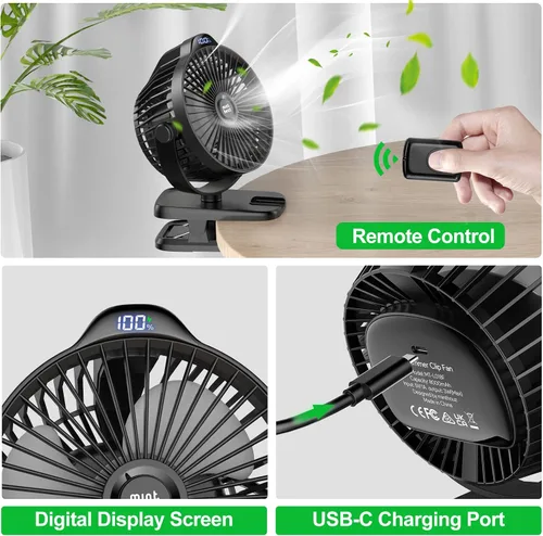 Miniatura 4 de Minthouz Ventilador de clip – Ventilador pequeño recargable USB C de 8000 mAh con indicador de nivel de batería, rotación de 720° de bajo ruido