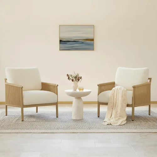 Miniatura 10 de CHITA Sillas decorativas trenzadas, sillón moderno con marco de metal con acabado similar a la madera para sala de estar y dormitorio, silla