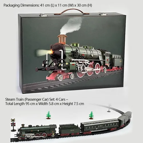Miniatura 3 de Juego de tren eléctrico de aleación con luces y sonidos, modelo clásico de locomotora de vapor con pista larga y carruajes, juego de locomotora