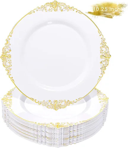Liacere 50 platos de plástico dorado y blanco, platos desechables de plástico dorado de 10.25 pulgadas, platos pesados de alta calidad para bodas y